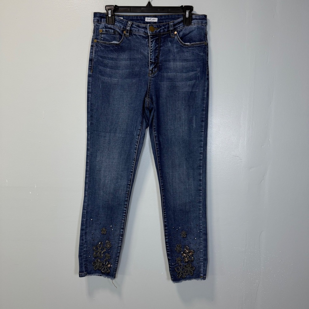 Tribal‎ Jeans Womens Size 8 Blue Floral Embroidered Raw Hem Skinny Jeans